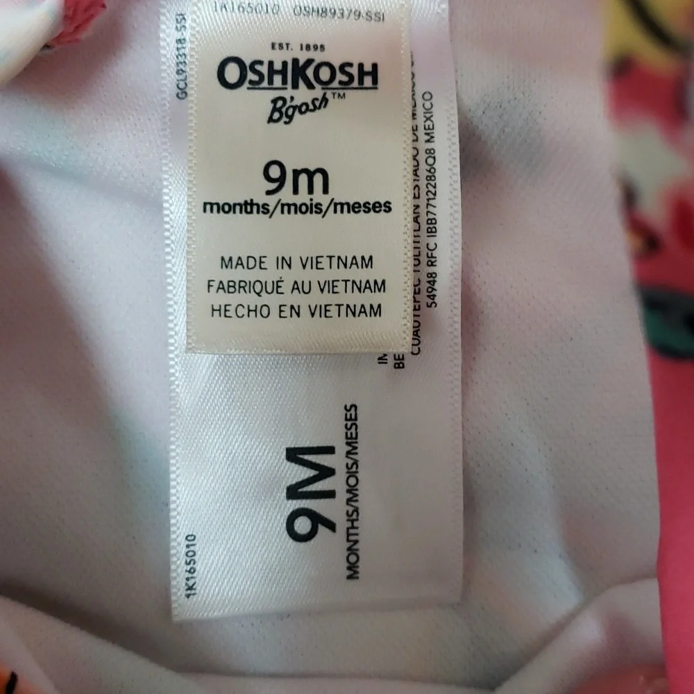 Oshkosh B'Gosh Pink Tropical Floral Parrot Print Ruffled Swimsuit, Size 9 Months
